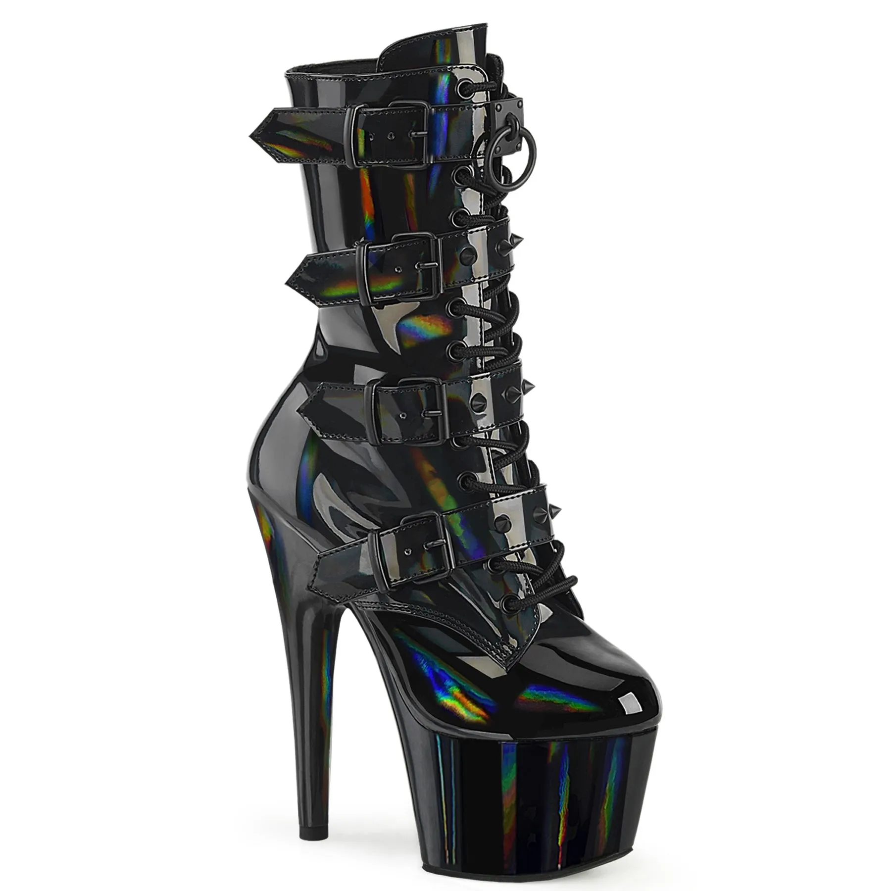Adore 1046 Black Oil Slick Hologram Patent 7" Heel Platform Mid Calf Boots -Direct
