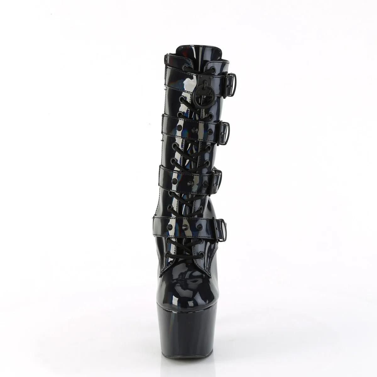 Adore 1046 Black Oil Slick Hologram Patent 7" Heel Platform Mid Calf Boots -Direct