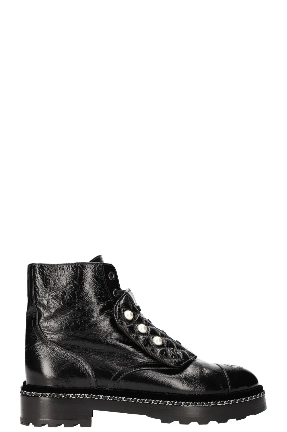 CHANEL Combat Boots with Chain and Pearl Decor 17A