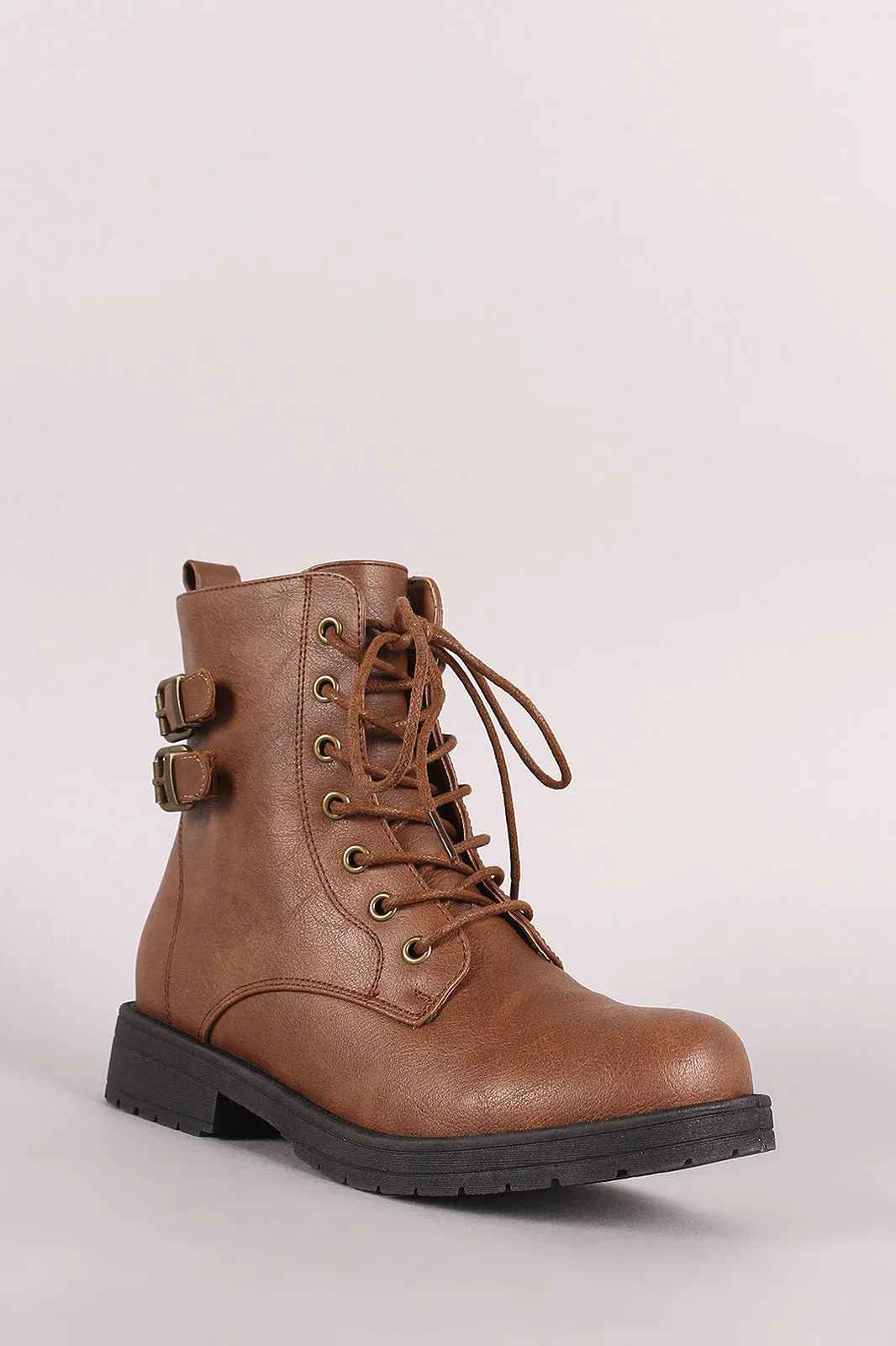 Double Buckle Combat Lace-Up Ankle Boots