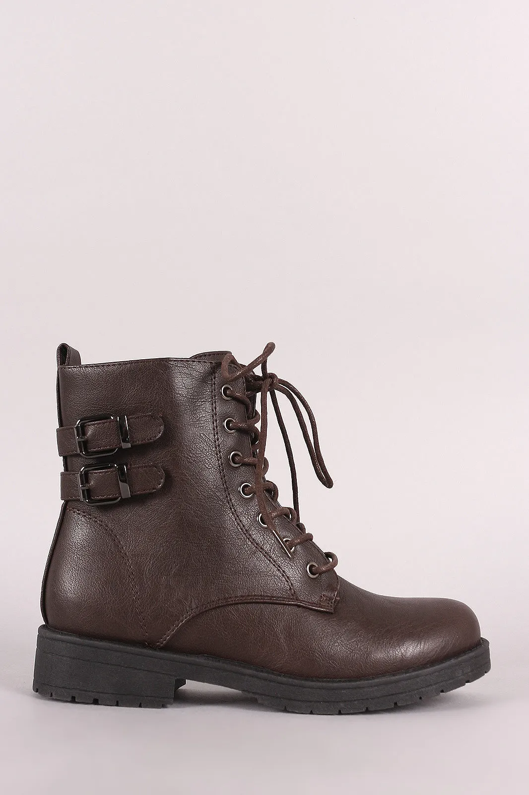 Double Buckle Combat Lace-Up Ankle Boots
