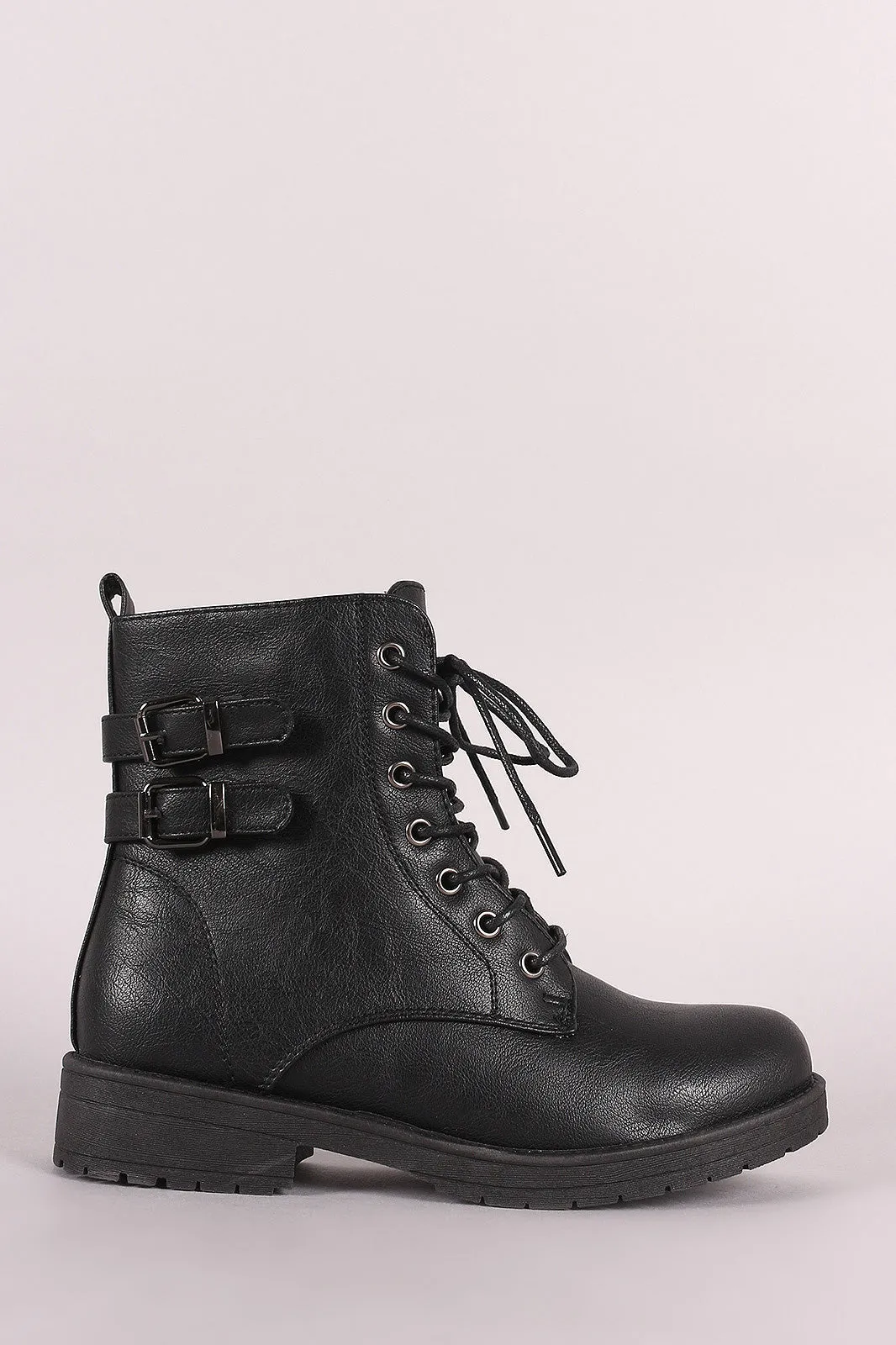 Double Buckle Combat Lace-Up Ankle Boots