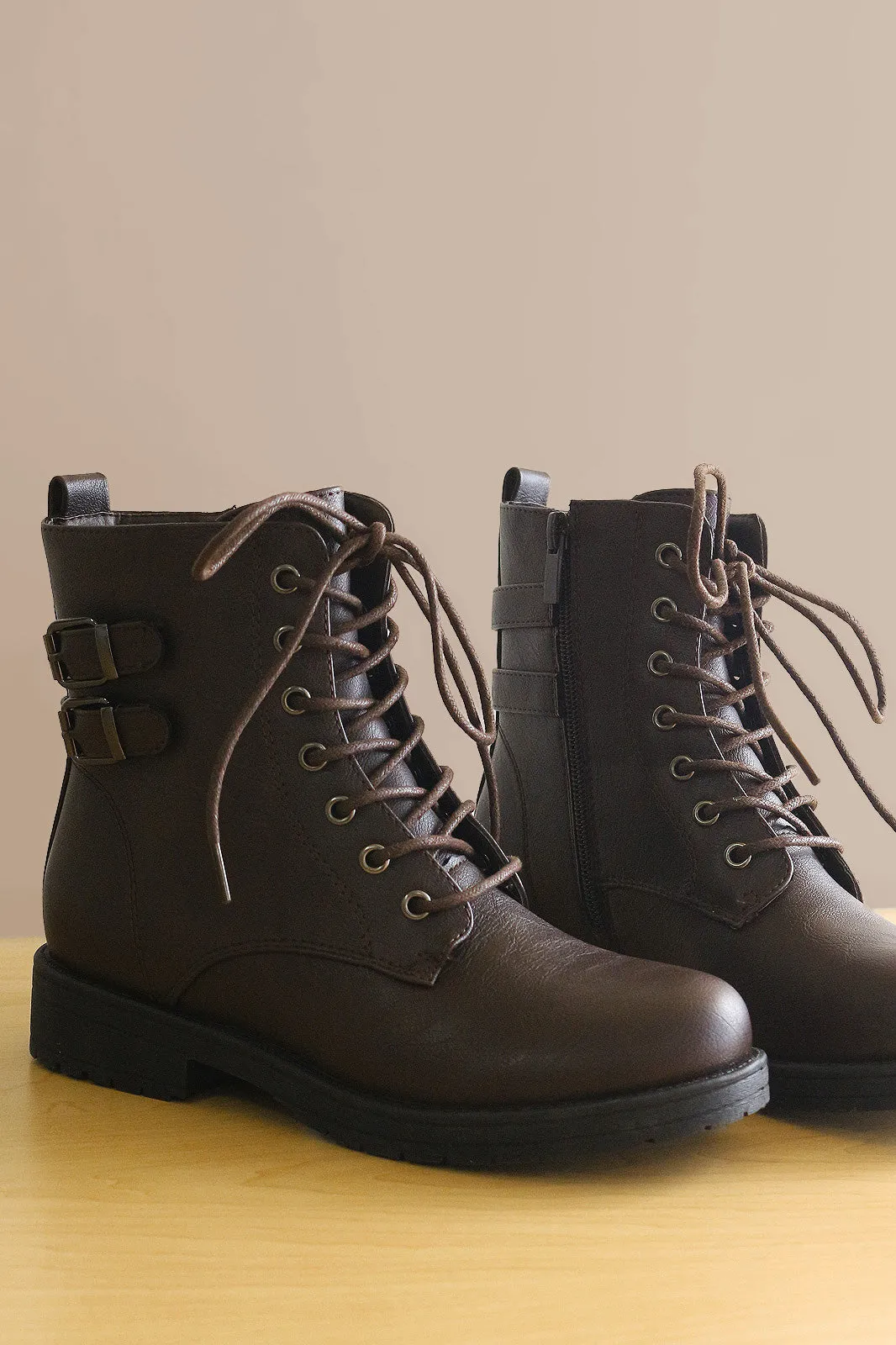 Double Buckle Combat Lace-Up Ankle Boots
