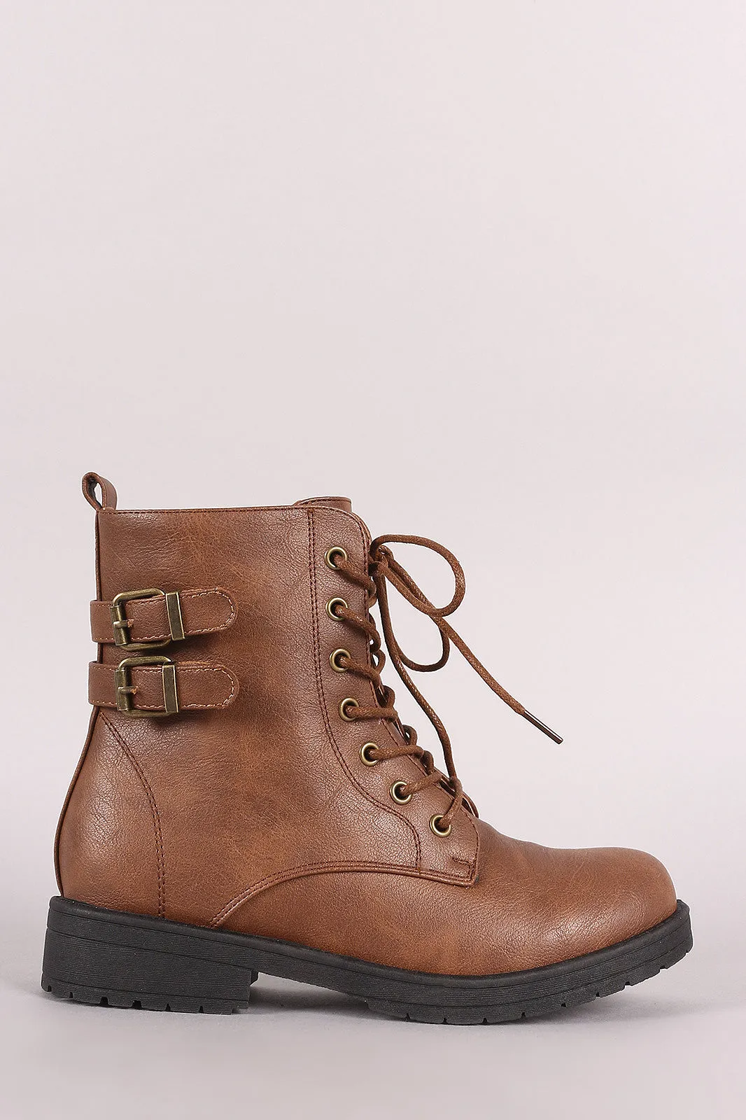 Double Buckle Combat Lace-Up Ankle Boots