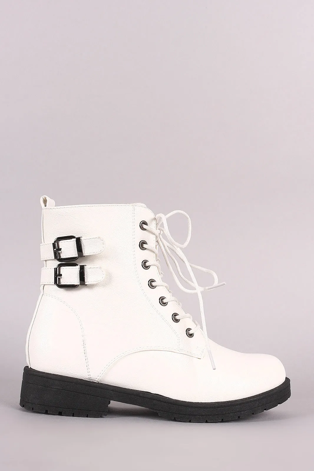 Double Buckle Combat Lace-Up Ankle Boots