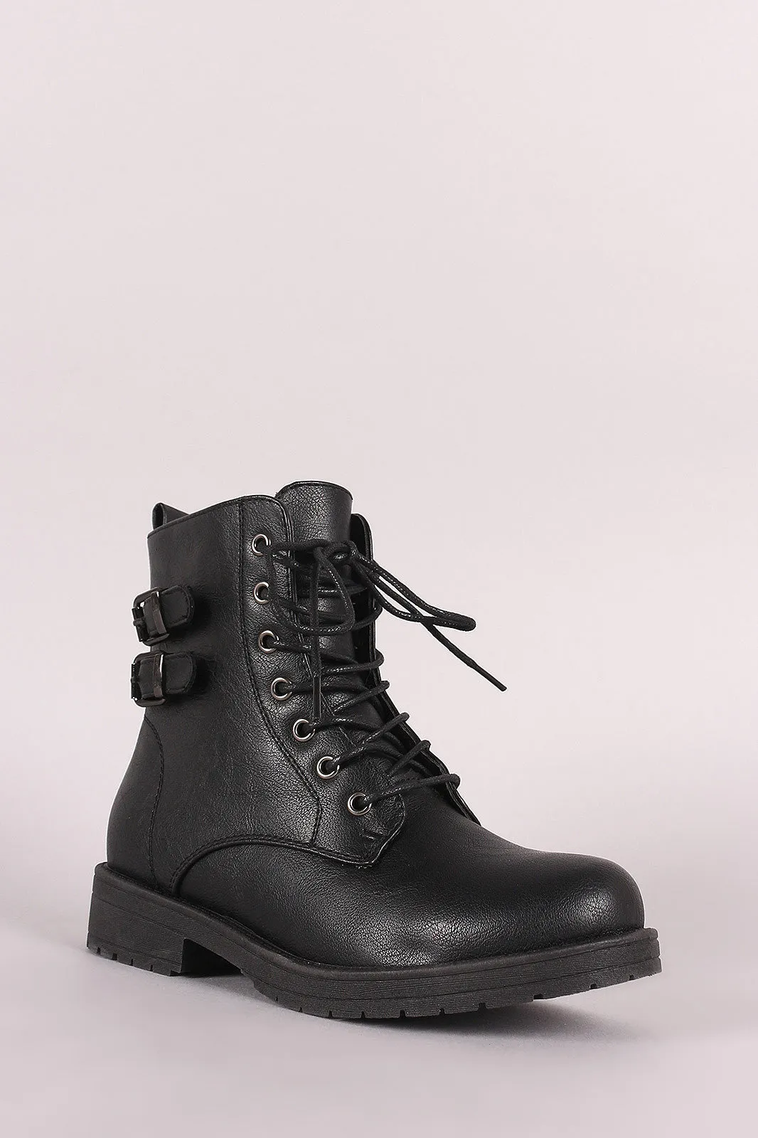 Double Buckle Combat Lace-Up Ankle Boots