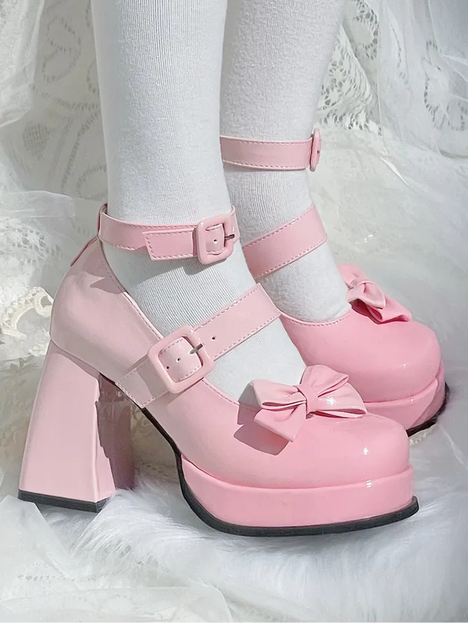 Gradient Pink Detachable Bowknot Platform High Block Heels Lolita Shoes
