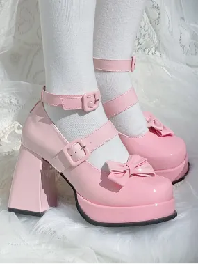 Gradient Pink Detachable Bowknot Platform High Block Heels Lolita Shoes