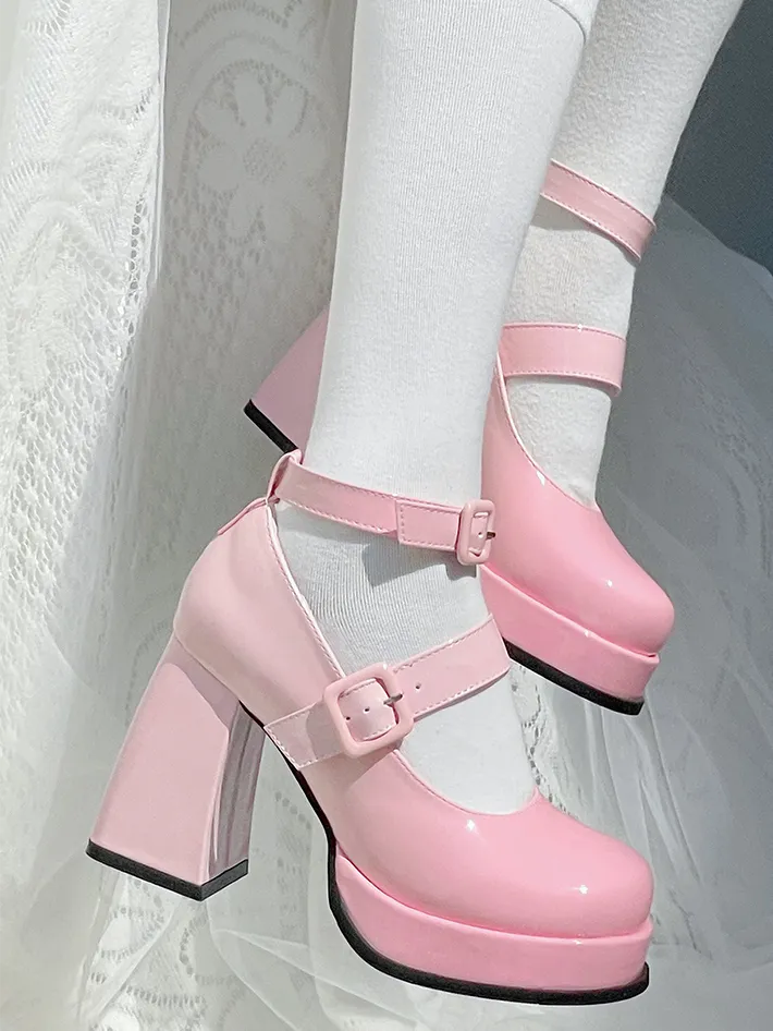 Gradient Pink Detachable Bowknot Platform High Block Heels Lolita Shoes