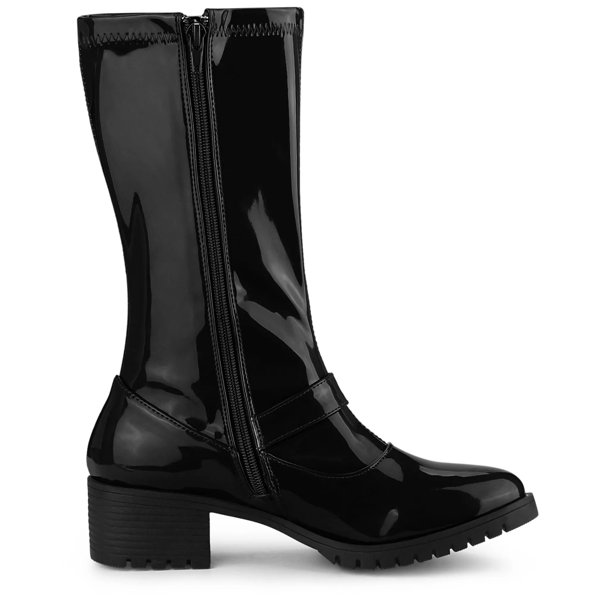 Mid Calf Chunky Heel Patent Leather GO Boots
