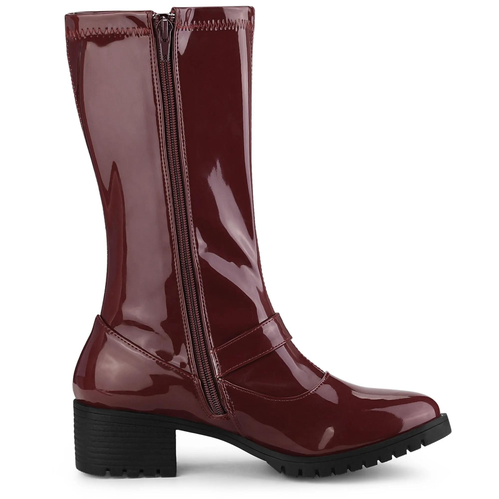 Mid Calf Chunky Heel Patent Leather GO Boots
