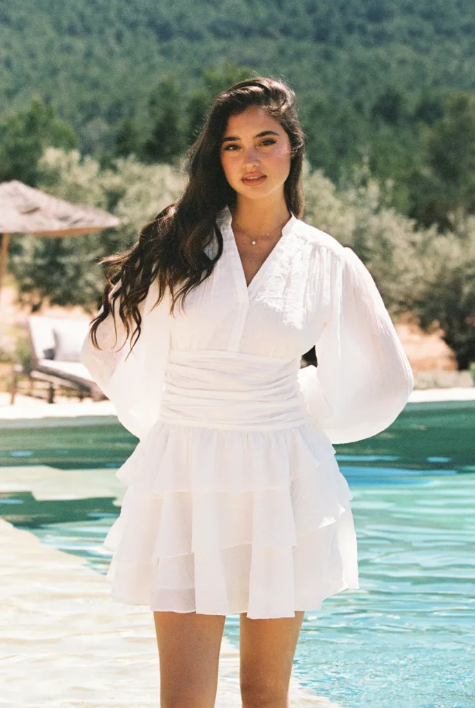 Nadine Belted Ruffle Dress - Snow Flake