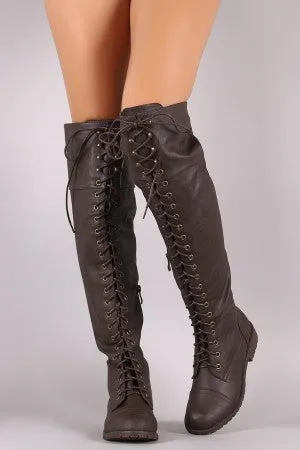 Round Toe Lace Up Combat Over-The-Knee Boots