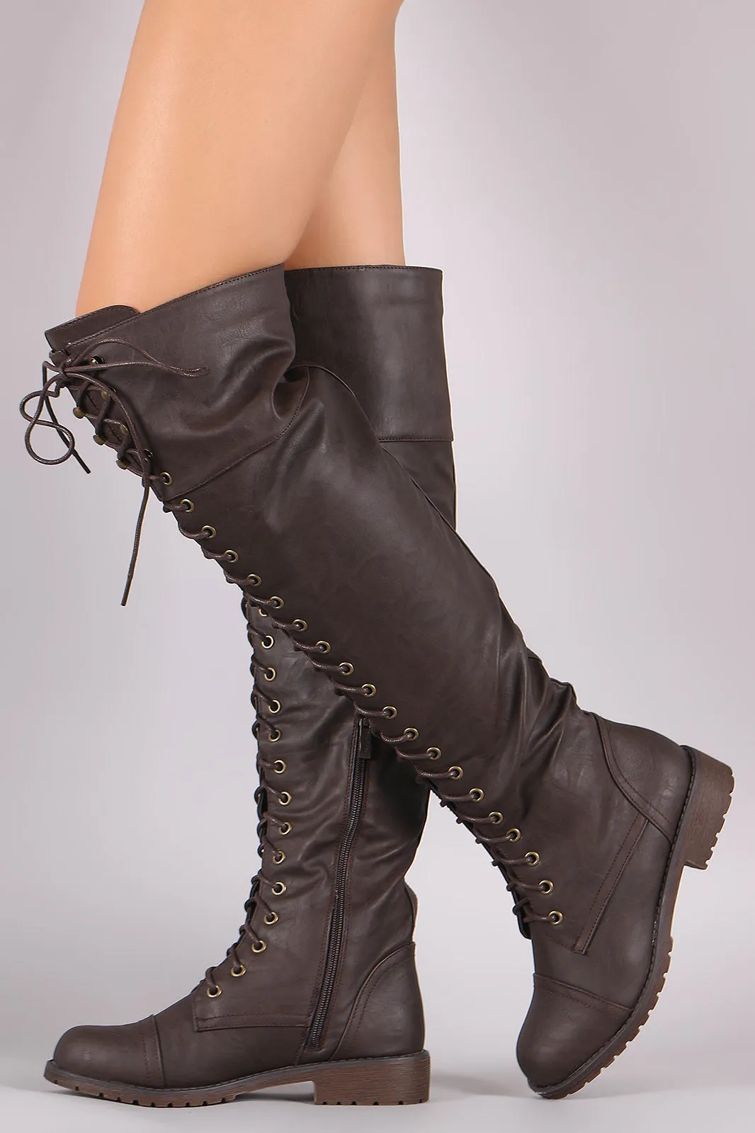Round Toe Lace Up Combat Over-The-Knee Boots