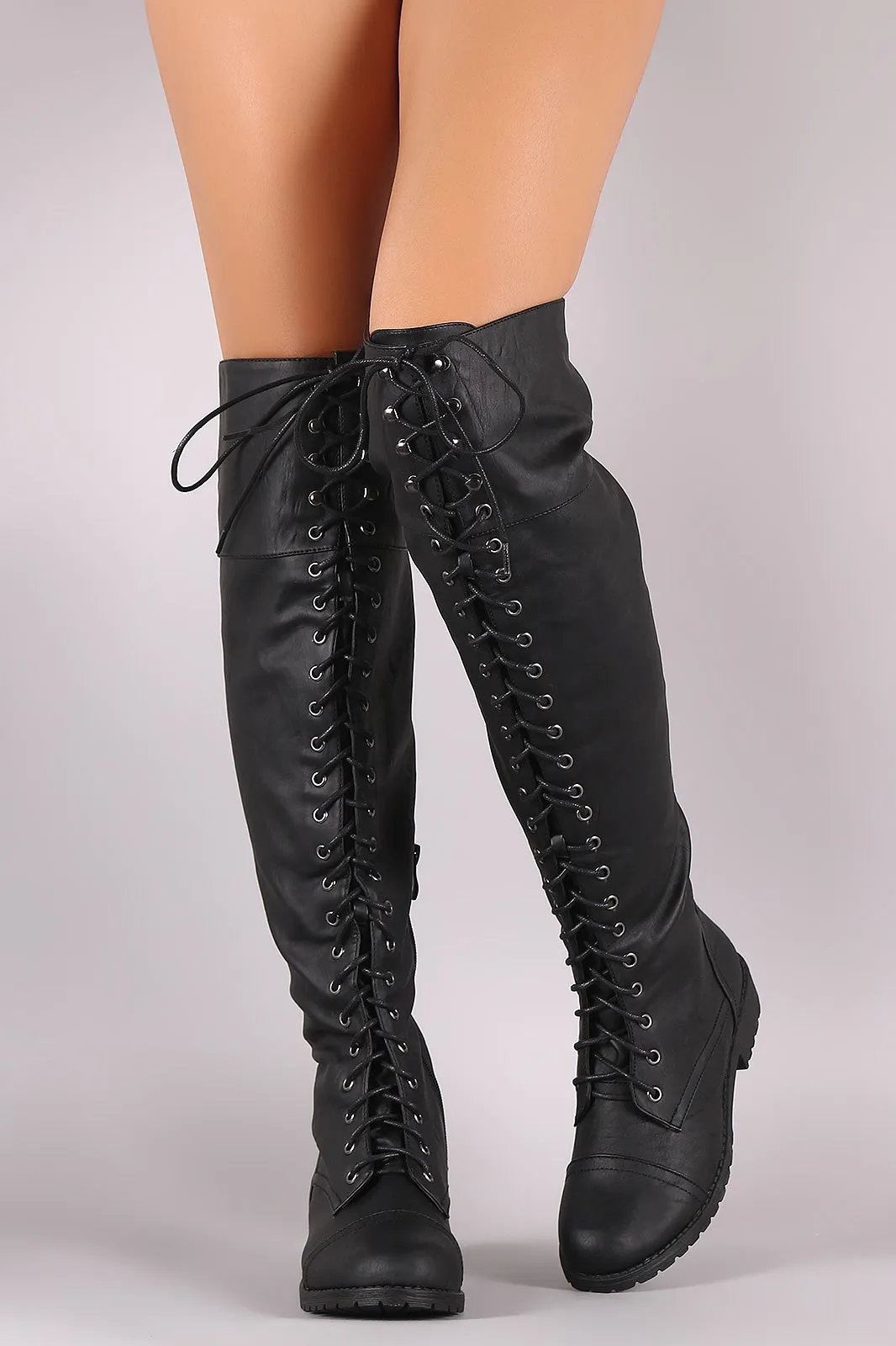 Round Toe Lace Up Combat Over-The-Knee Boots