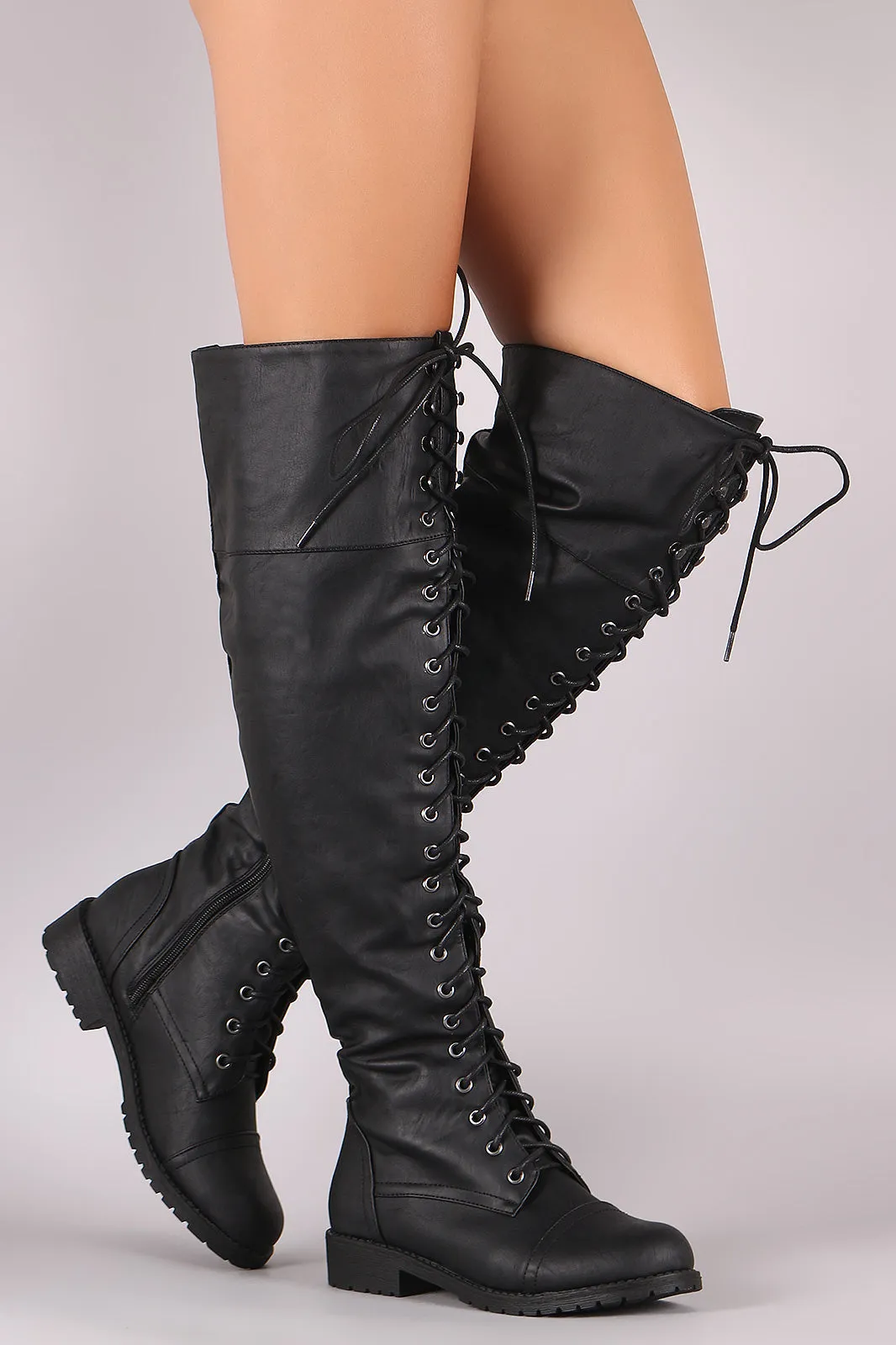 Round Toe Lace Up Combat Over-The-Knee Boots
