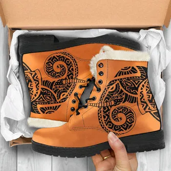 Tribal Orange Print on Demand Artwork Women's Fur Trimmed Combat Style Boots