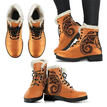 Tribal Orange Print on Demand Artwork Women's Fur Trimmed Combat Style Boots