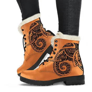 Tribal Orange Print on Demand Artwork Women's Fur Trimmed Combat Style Boots