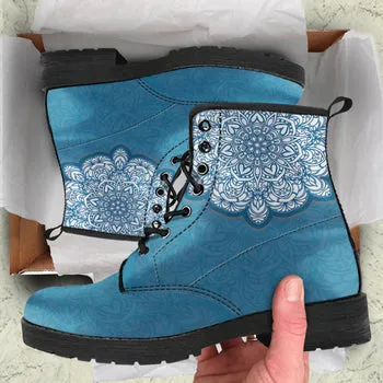 Turquoise Mandala Print on Demand Artwork Women's Fur Trimmed Combat Style Boots
