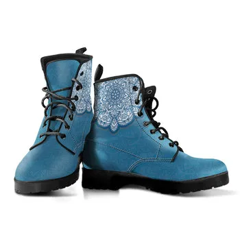 Turquoise Mandala Print on Demand Artwork Women's Fur Trimmed Combat Style Boots