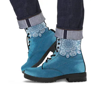 Turquoise Mandala Print on Demand Artwork Women's Fur Trimmed Combat Style Boots