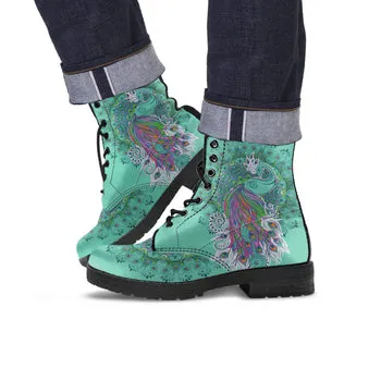 Turquoise Peacock Print on Demand Artwork Women's Fur Trimmed Combat Style Boots