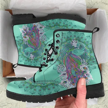 Turquoise Peacock Print on Demand Artwork Women's Fur Trimmed Combat Style Boots