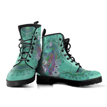 Turquoise Peacock Print on Demand Artwork Women's Fur Trimmed Combat Style Boots